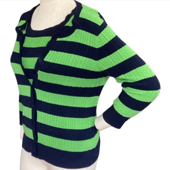 Talbots Cotton Cardigan Twinset Cable Knit Striped Sz PM Navy Blue & Green 91Q - Picture 5 of 10